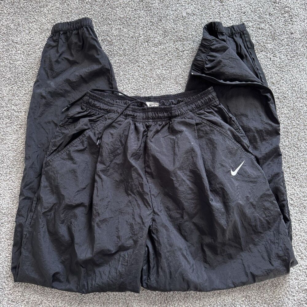 VTG 90s Nike Nylon Track Pants Mens Sz L Black Ankle Zip Swoosh Logo Drawstrings